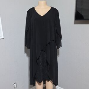 Hanna Nikole Black Layered Long-Sleeve V-Neck Evening Dress Size 16 NWT